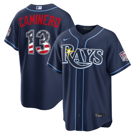 Tampa Bay Rays Junior Caminero Nike USA 250 Fourth of July Road Stadium Jersey - Navy MLB Team Jersey Baseball Fan Apparel