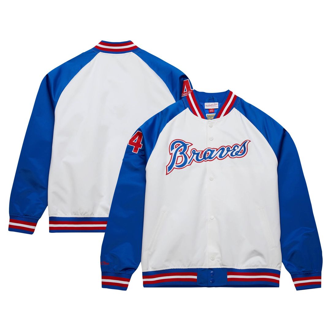 Atlanta Braves Hank Aaron Mitchell & Ness Cooperstown Legends Lightweight Satin Raglan Full - Snap Jacket - White/Royal MLB Baseball Fan Apparel