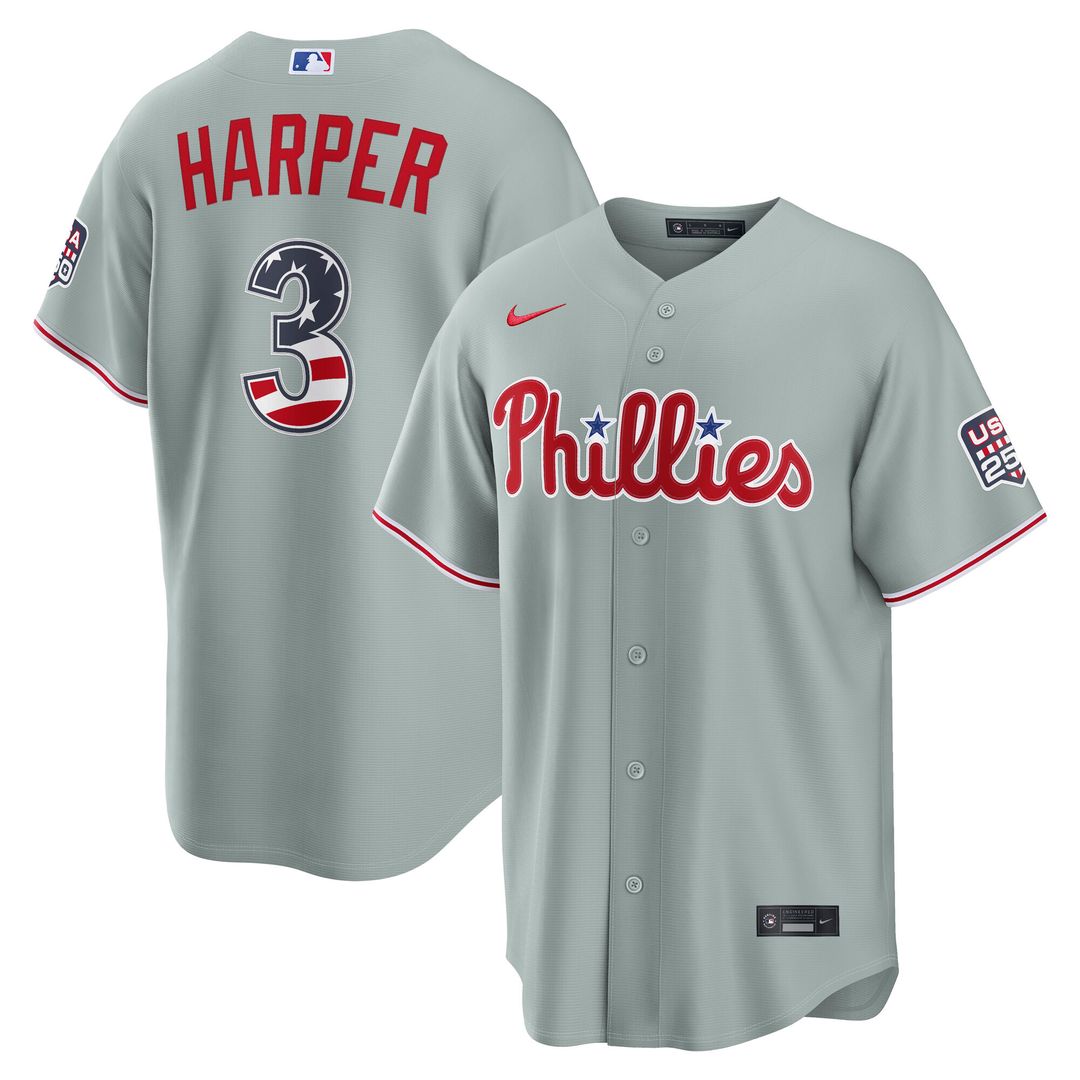 Philadelphia Phillies Bryce Harper Nike USA 250 Fourth of July Road Stadium Jersey - Gray MLB Team Jersey Baseball Fan Apparel