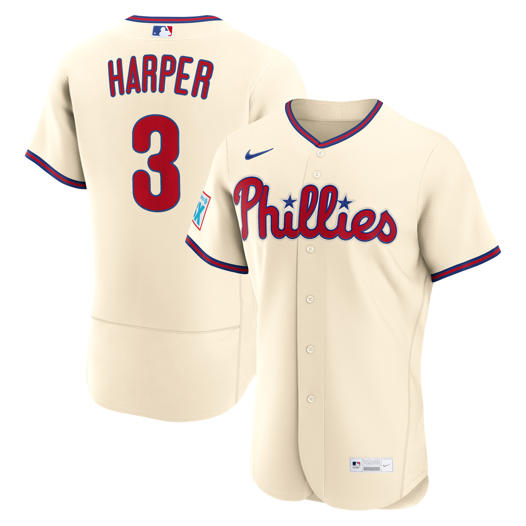 Philadelphia Phillies Bryce Harper Nike Alternate Authentic Sponsor Patch Jersey - Cream MLB Team Jersey Baseball Fan Apparel
