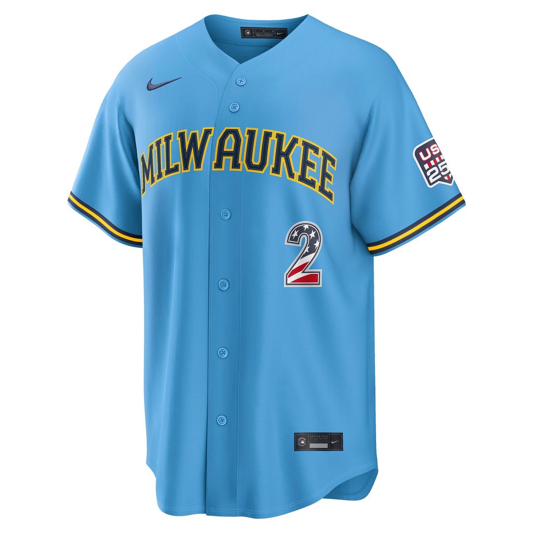 Milwaukee Brewers Brice Turang Nike USA 250 Fourth of July Road Stadium Jersey - Light Blue MLB Team Jersey Baseball Fan Apparel