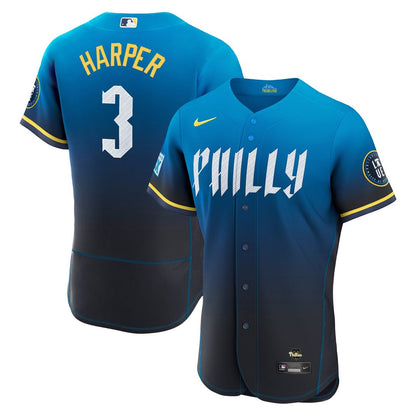 Philadelphia Phillies Bryce Harper Nike City Connect Authentic Sponsor Patch Jersey - Blue MLB Team Jersey Baseball Fan Apparel