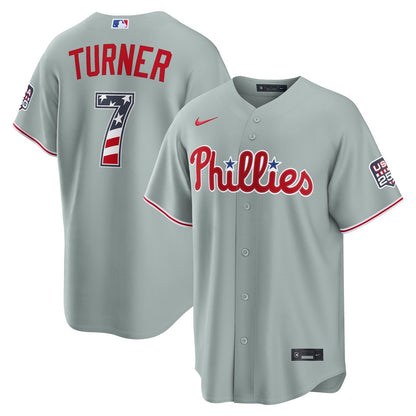 Philadelphia Phillies Trea Turner Nike USA 250 Fourth of July Road Stadium Jersey - Gray MLB Team Jersey Baseball Fan Apparel