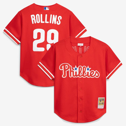 Philadelphia Phillies Jimmy Rollins Mitchell & Ness Cooperstown Mesh Batting Practice Button - Up Jersey - Red MLB Team Jersey Baseball Fan Apparel