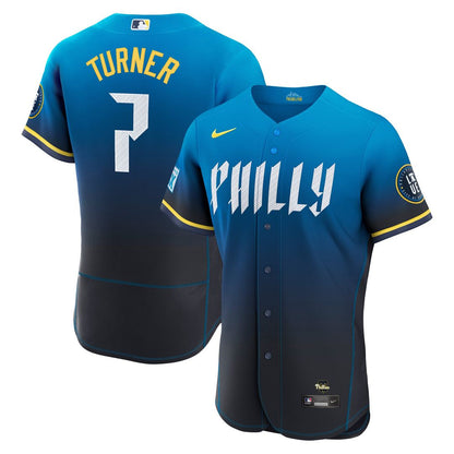 Philadelphia Phillies Trea Turner Nike City Connect Authentic Sponsor Patch Jersey - Navy MLB Team Jersey Baseball Fan Apparel
