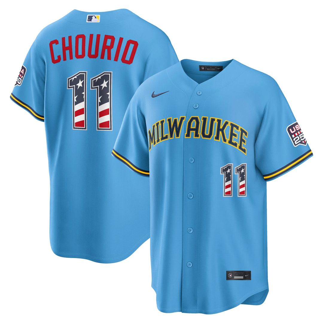 Milwaukee Brewers Jackson Chourio Nike USA 250 Fourth of July Road Stadium Jersey - Light Blue MLB Team Jersey Baseball Fan Apparel
