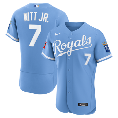 Kansas City Royals Bobby Witt Jr. Nike Alternate Authentic Sponsor Patch Jersey - Light Blue MLB Team Jersey Baseball Fan Apparel