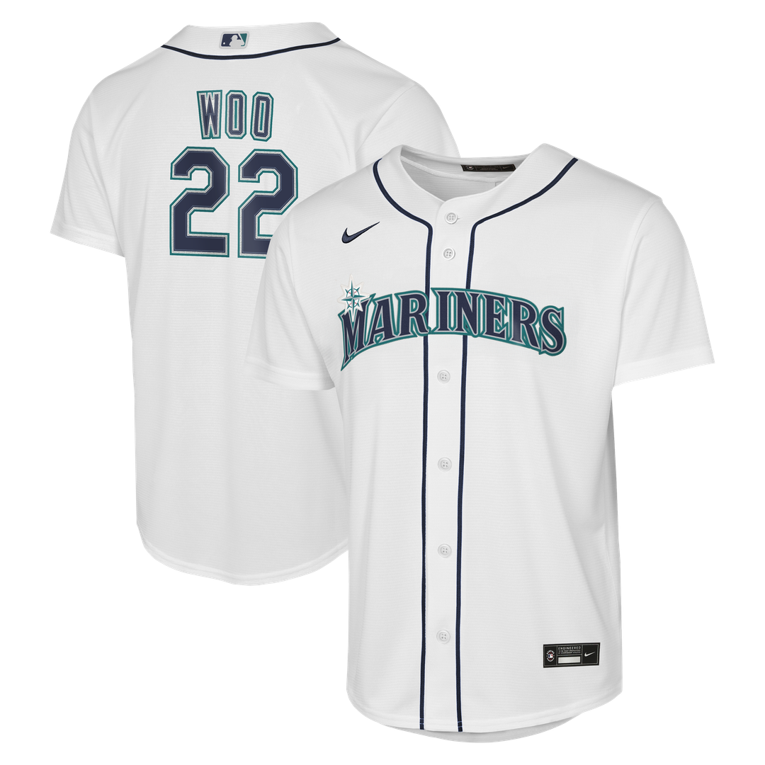 Seattle Mariners Bryan Woo Nike Youth Home Baseline Jersey - White MLB Team Jersey Baseball Fan Apparel