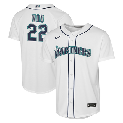 Seattle Mariners Bryan Woo Nike Youth Home Baseline Jersey - White MLB Team Jersey Baseball Fan Apparel