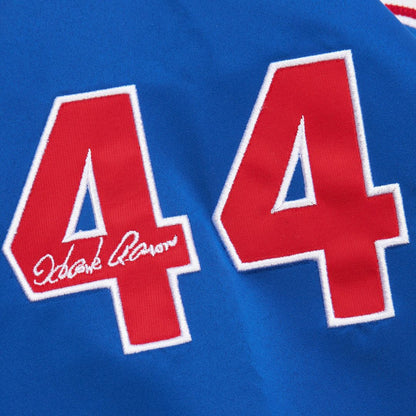 Atlanta Braves Hank Aaron Mitchell & Ness Cooperstown Legends Lightweight Satin Raglan Full - Snap Jacket - White/Royal MLB Baseball Fan Apparel